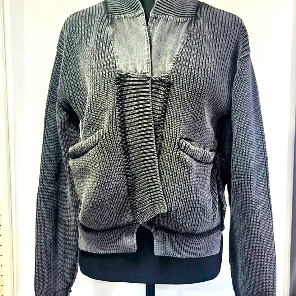Free People Slouchy Cropped Cardigan Sweater Charcoal Gray Textured Seams
